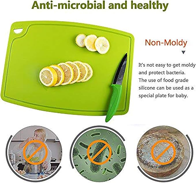 Liflicon Silicone Thick Cutting Boards Mats Set of 3 Foldable & Flexible Design Juice Grooves Easy Grip Handle Dishwasher Safe for Kitchen,BPA free Silicone Cutting Board-Green