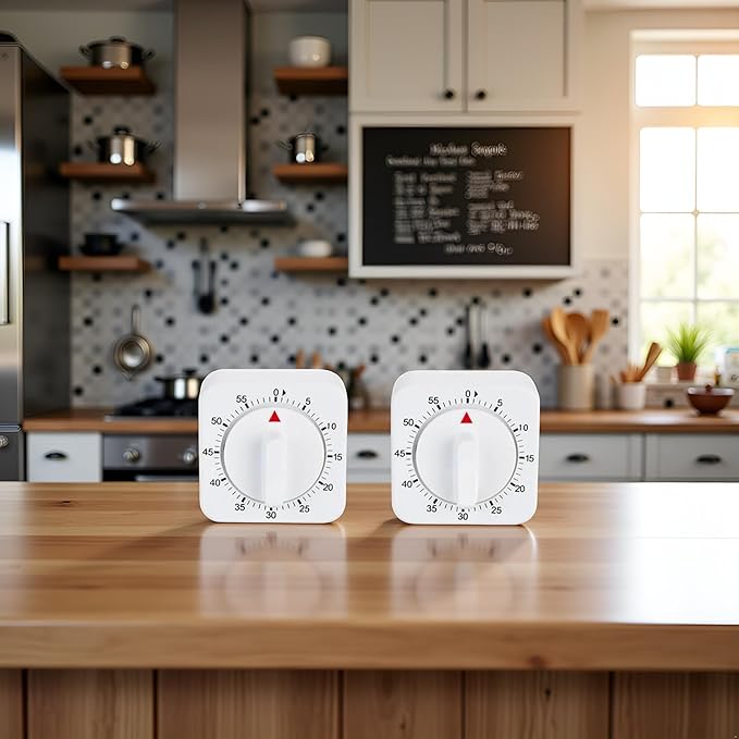 2Pcs White Timer Clock Square 60-Minute Mechanical Kitchen Timer Wind up Visual Cooking Clock with Loud Alarm No Batteries Required Ideal for Cooking Baking and Kitchen Thermometers and Timers
