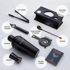 Modern Mixology Cocktail Shaker Set - Bartender Kit with Pine Stand | Leak-Proof Design | Includes Martini Shaker, Jigger, Strainer, Spoon, Tongs | Perfect Bar Tools Gift for Home Mixology (Black)