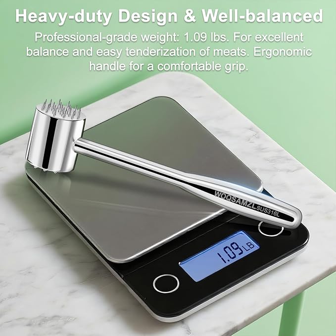 2-in-1 Real 316L Stainless Steel Meat Tenderizer Mallet Hammer,1.09lb Heavy Duty Meat Tenderizer Tool with 19 Sharp Spikes for more Flavor,Professional Meat Pounder,Dishwasher Safe & Long-Lasting