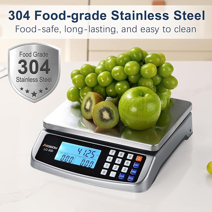 Atogou 110lb Food Scale, Commercial Kitchen Scale with Price Computing, Plug-in Usable, 0.05oz/1g, 304 Stainless Steel, for Cooking, Vegetables, Farm, Industry, Counting. LC300 Grey