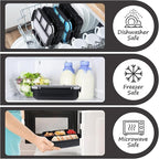 QQKO Bento Box for Kids Adults, School Toddler Lunch Box for Boys Girls, Lunch Box Containers with 4 Compartments, Sauce Container, Utensils, Food Picks and Muffin Cups for School, Black Gray