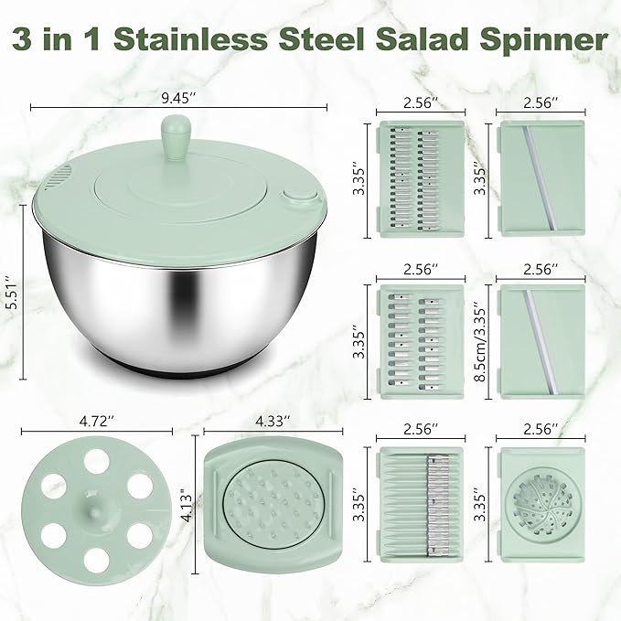Unokit Stainless Steel Salad Spinner - Large Spinner with Non-Slip Base and 5 Blade Slicers, Dishwasher Safe Lettuce Spinner for Efficient Salad Preparation and Food Washing in Kitchen