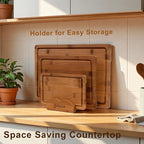 Cutting Board Set with Holder, Space Saving Kitchen Bamboo Chopping Boards, Build in Juice Groove and Grip Handle, Durable Wooden Serving Board for Meal Prep & Charcuterie, Gift Idea
