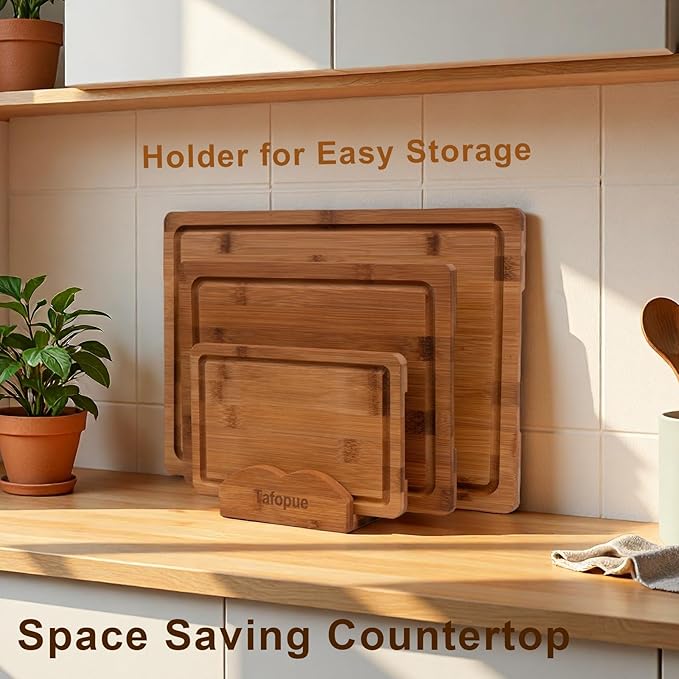Cutting Board Set with Holder, Space Saving Kitchen Bamboo Chopping Boards, Build in Juice Groove and Grip Handle, Durable Wooden Serving Board for Meal Prep & Charcuterie, Gift Idea