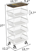 SAYZH Fruit Basket Kitchen Pantry Organizers and Storage - Wooden Top Table, Stackable Metal Wire Basket Stand Cart for Fruit Vegetable Snacks Onion Potato Organization (White, 5 Tiers)