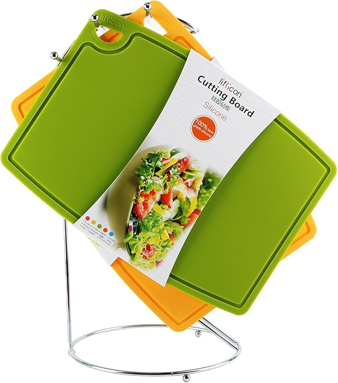 Liflicon Thick Cutting Boards for Kitchen Silicone Chopping Board Set of 2 Mid 12.6'' x 9.1”,Mini 9.1”x7.1” Non-slip Deep Drip Juice Groove Easy Grip Handle,Dishwasher Safe-Green