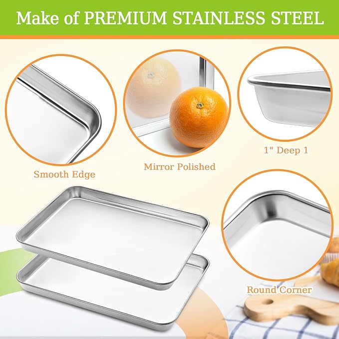 CEKEE Stainless Steel Cookie Sheets for Baking, 2PCS Stainless Steel Baking Sheet, Size 12.59 x 9.84 x 1 Inch，Heavy Duty & Easy Clean Baking Pans Tray Set