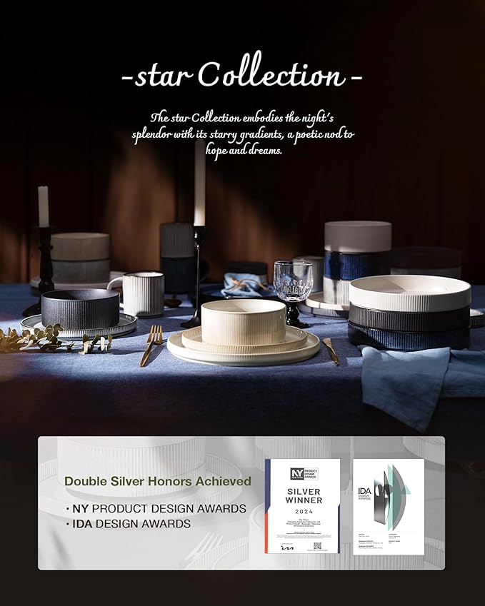 Famiware Star Dinnerware Set with Pasta Bowls, Service for 4 (16pcs), Ribbed Stoneware Plates and Double Bowls Dishes Sets - Chip & Scratch Resistant, Microwave & Dishwasher Safe, Matte White