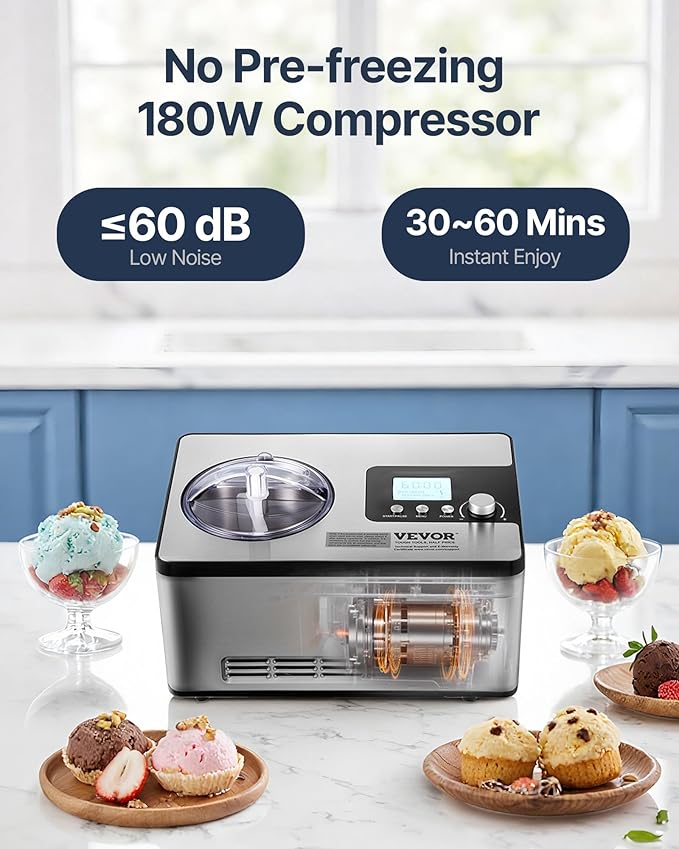 VEVOR Automatic Ice Cream Maker with Built-in Compressor, 2 Quart No Pre-freezing Fruit Yogurt Machine, Stainless Steel Electric Sorbet Maker, 3 Modes Gelato Maker with LCD Display & Timer, Silver