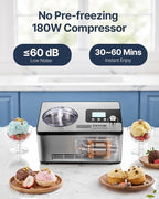 VEVOR Automatic Ice Cream Maker with Built-in Compressor, 2 Quart No Pre-freezing Fruit Yogurt Machine, Stainless Steel Electric Sorbet Maker, 3 Modes Gelato Maker with LCD Display & Timer, Silver