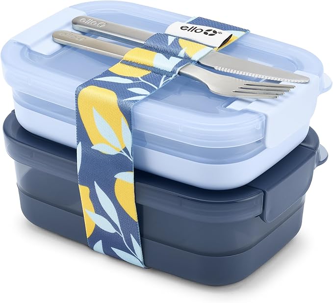 Ello 2-Pack Lunch Stack Plastic Food Storage Container Bento Box with Airtight, Leak-Proof Locking Plastic Lids and Silicone Base, BPA-Free, Freezer, Microwave, and Dishwasher Safe, Blueberry