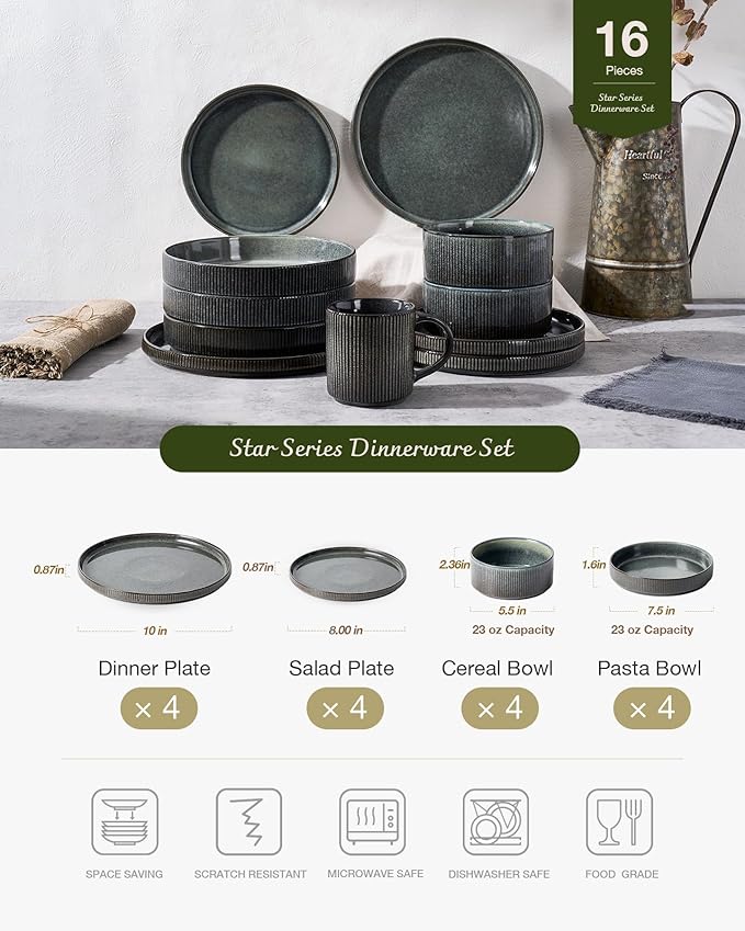 Famiware Star 16-Piece Stoneware Dinnerware Sets, Service for 4 - Shallow Pasta Bowls & Flat Plates, Modern Rustic Reactive Glaze Dishes, Chip/Scratch Resistant, Microwave/Dishwasher Safe, Deep Forest