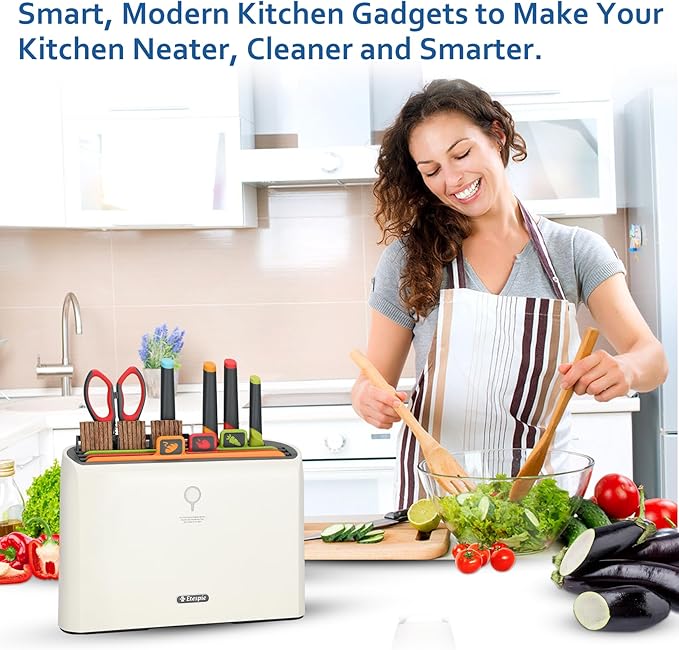 Smart Cutting Board and Knife Set,Self Cleaning Cutting Board and Knife Set with 4 Stainless Steel Knives,3 Color Coded Cutting Boards,10 Pairs of Chopsticks and 1 Pair of Scissors