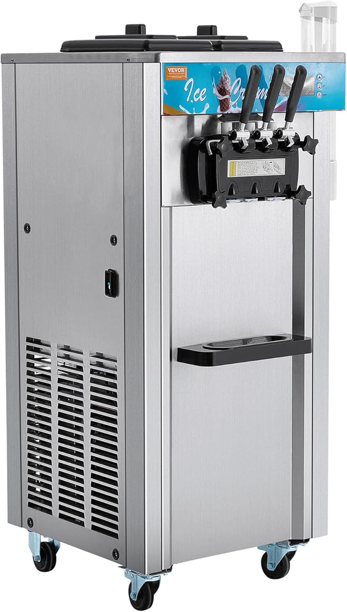 VEVOR Commercial Ice Cream Machine, 21-31 L/H Yield, 1800W 3-Flavor Freestanding Soft Serve Ice Cream Maker, 2 x 5.5L Stainless Steel Cylinder, LED Panel Auto Clean Pre-cooling, for Restaurant Bars