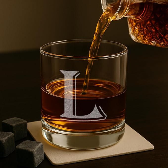 On The Rox (L-Monogram)- 4 Piece Set of 11 Ounce Engraved Heavy Base Rocks Glasses Elegant Glass-Multi-Purpose Beverage-Rocks Glass- Gift for any Occasion