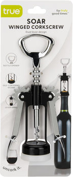 True Soar Winged Corkscrew Wine Opener, Multi-Purpose Bottle Opener for Beer and Soda, Stainless Steel with Chrome Finish, Easy to Remove Cork for Bartenders, Home Bar, Kitchen, Set of 1, Black