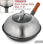 YOSUKATA Wok Lid 11.4 In - Premium Stainless Wok Cover with Tempered Glass Insert Steam Holes and Ergonomic Handle - Durable Wok Accessories - Dishwasher-Safe Lid for 11.8-In Wok - Chees Melting Dome