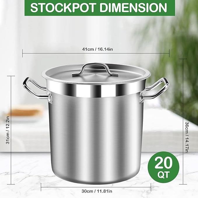 STOCKPOT Stock Pot 20 Quart with Lid – Stainless Steel Cooking Pot for Soup, Stew, and Pasta – Heavy Duty Induction Compatible Stockpot for Kitchen or Commercial Use, Oven Safe