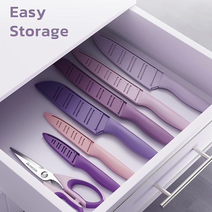Astercook Knife Set, 13 Pieces Kitchen Knives Set with Healthy Anti-Rust Coating, Dishwasher Safe, Stainless Steel Chef Knife Sets with 6 Blade Guards, Perfect Holiday Gifts for Kitchen Purple