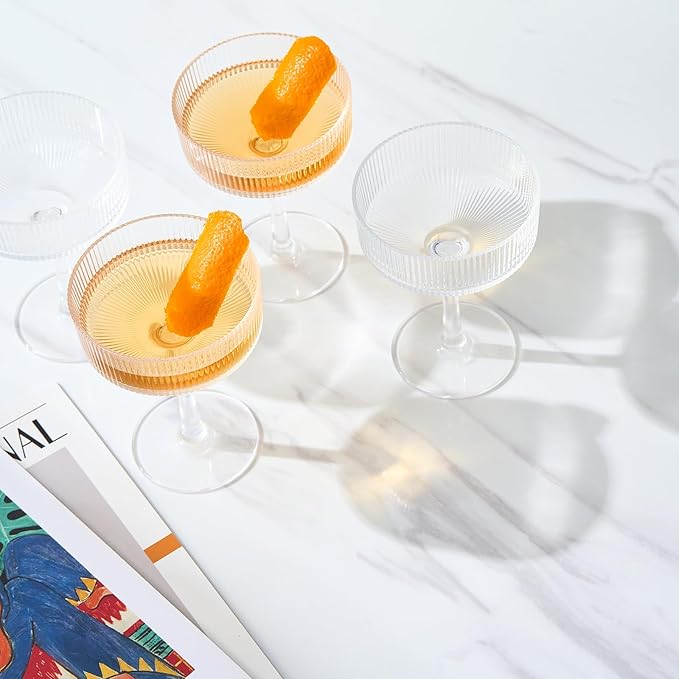 Khen Vintage Art Deco Shatterproof Coupe Martini, Champagne & Cocktail Glasses | Set of 4 | Acrylic Ribbed Glasses 8 oz Ripple Glassware Classic Cocktail Glassware Indoor & Outdoor, European Design