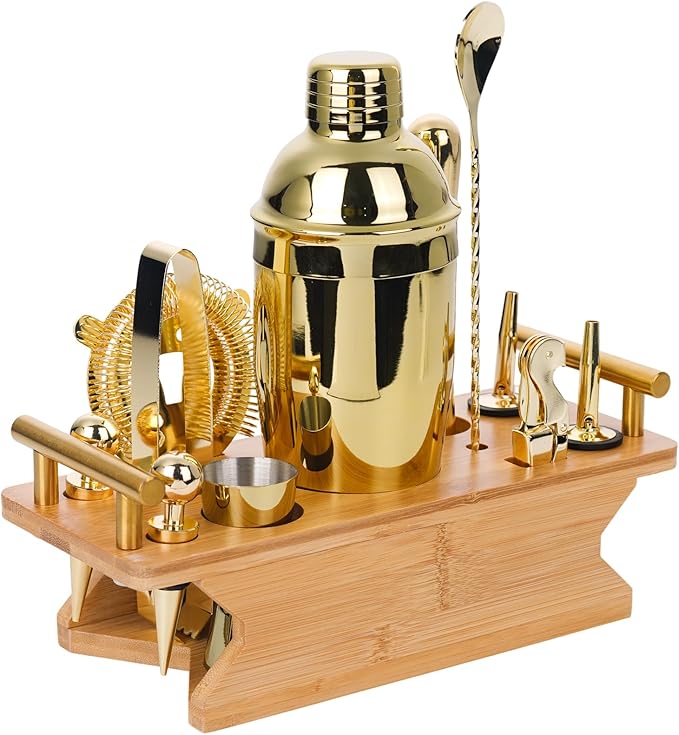 JNWINOG Cocktail Shaker Set Stainless Steel Bartending Kit 18.6oz Cocktail Bar Set Cocktail Mix Drink Making Kit Professional Bar and Home Drink Bar Tools for Bartender (Gold, 12Pcs-1)