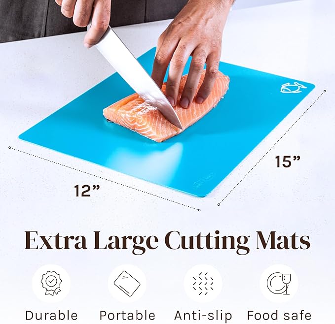 Extra Thick Flexible Plastic Cutting Board Mats Set of 6 for Kitchen, Non-Porous, Non-Slip Waffle Back, Color Coded with Food Icons, Dishwasher Safe, 12 x 15 Inch - Cooler Kitchen