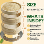 HAPPI STUDIO Bamboo Steamer Basket Set - 10 Inch Large Dumpling 2 Tier for Pots - Asian Cooking Dim Sum Bao Buns Momo Rice - Natural Chinese Steam Baskets Kit with Stainless Steel Ring (10-inch Extra Deep Bamboo Steamer w/ Ring)