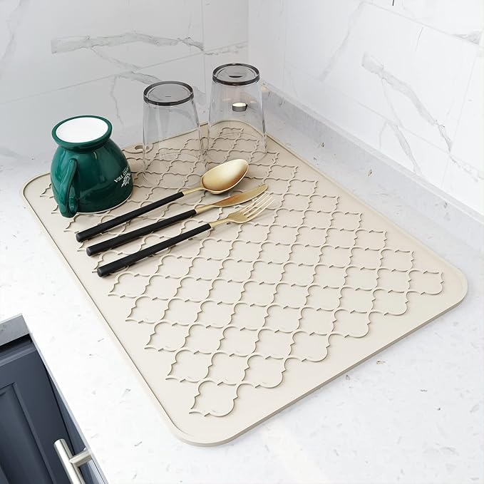 AMOAMI-Dish Drying Mats for Kitchen Counter-Silicone Dish Drying Mat-Kitchen Dish Drying Pad Heat Resistant Mat-Kitchen Gadgets Kitchen Accessories Kitchen Small Appliances(12" x 16", BEIGE)