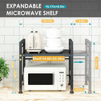 DOLALIKE Microwave Oven Rack, Expandable Microwave Stand Countertop Kitchen Utensils Tableware Storage, Carbon Steel Over Microwave Shelf Countertop with 3 Hooks