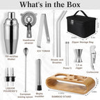 16 Pcs Bartender Kit Bag with Stand Portable Cocktail Shaker Set, 25oz Stainless Steel Barware Kit with Jigger, Strainer, Spoon, Ice Tongs, Gift for Cocktail Lover Travel