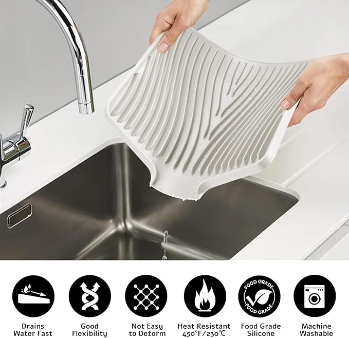 TIKNIK Silicone Dish Drying Mat, Stone Drying Mat for Kitchen Counter with Built-In Drain, Non-Slip Drain Pad with Built-in Drain, Heat Resistant Stone Drying Mat, Hangable, Cream-2pcs, 20" x 15"