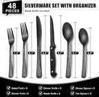 49-Piece Black Silverware Set with Organizer, Food-Grade Stainless Steel Black Flatware for 8, Cutlery Utensil Sets with Steak Knives, Rust-proof, Mirror Polished, Dishwasher Safe, Tree Pattern