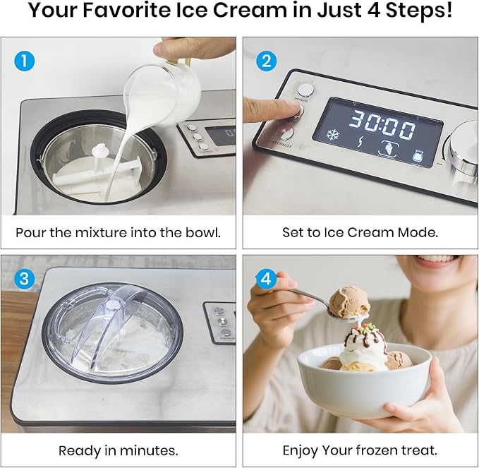 Gasbye Ice Cream Maker with Upgraded Compressor, [40% Faster Freezing], No Pre-Freezing Needed, LED Display, 2.1 Qt Capacity, Easy Operation for Ice Cream & Yogurt, Stainless Steel