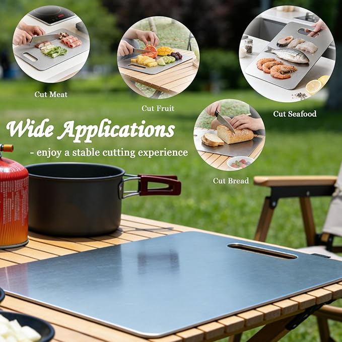 100% Pure Titanium Cutting Board Set of 3, Double-Sided Titanium Cutting Boards for Kitchen Dishwasher Safe, Camping Metal Charcuterie Chopping Board Mat for Meat, Fruit & Cheese (M+L+XL)