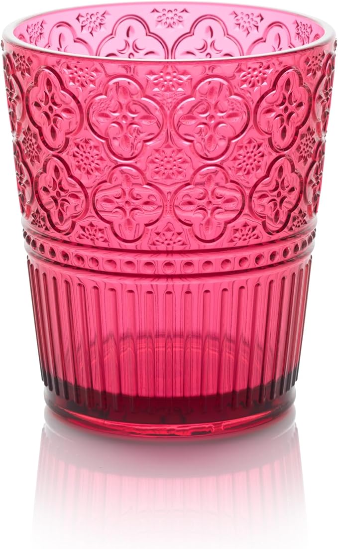 Victoria Ruby Set of 6 Premium Acrylic DOF Glass 16 oz – Unbreakable Drinkware with Elegant Embossed Design, Perfect for Indoor & Outdoor Use