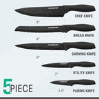 HAUSHOF Kitchen Knife Set, 5 PCS Knife Sets with Arcylic Block, Teflon Coated Black Knives Set for Kitchen, Premium Stainless Steel Knives Set with Ergonomic Handle, Great for Slicing, Dicing&Cutting