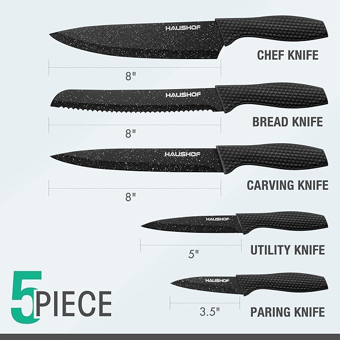 HAUSHOF Kitchen Knife Set, 5 PCS Knife Sets with Arcylic Block, Teflon Coated Black Knives Set for Kitchen, Premium Stainless Steel Knives Set with Ergonomic Handle, Great for Slicing, Dicing&Cutting