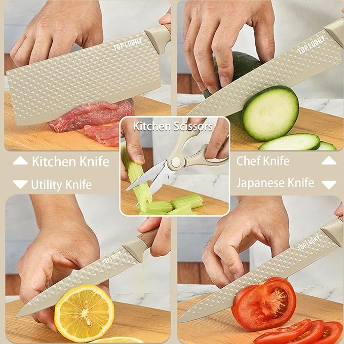 Knife Set, 6 Pieces Professional Kitchen Knife Set with Universal Knife Block, Super Sharp Knife Block Set with Ergonomic Handle Non-stick Stainless Steel Knife Block Set (Khaki)