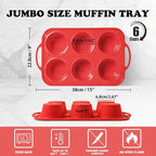 2 Pack Jumbo Silicone Muffin Pan with Metal Frame, Non-stick Large Silicone Cupcake Pan with Handles 6 Cup, Silicon Muffin Tin Tray for baking, egg bites, Cupcake Mold, BPA Free Red
