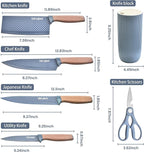 Kitchen Knife Set, Retrosohoo 6-Pieces Blue Sharp Knife Set for Kitchen, Non-stick Non-slip Stainless Steel Chef Knife Set with Universal Knife Block Suitable for Home Restaurant (Dusty Blue)