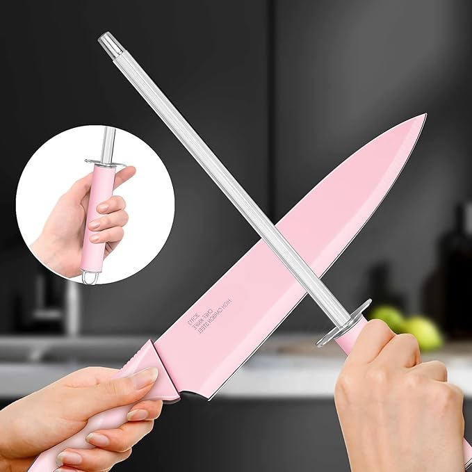 E-far Knife Set with Block, 15 Pieces Kitchen Knife Block Set with Sharpener, High Carbon Stainless Steel Sharp Chef Knife Set with Ergonomic Handles, Anti Rust, Pink