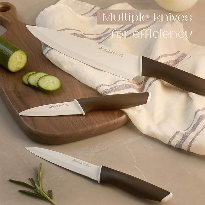 Astercook Knife Set, Kitchen Knives with Block and Sharpener 15 Pcs German Stainless Steel Knives Sharp Blade Dishwasher Safe Deba Knives with Ergonomic Handle, Elegant Black