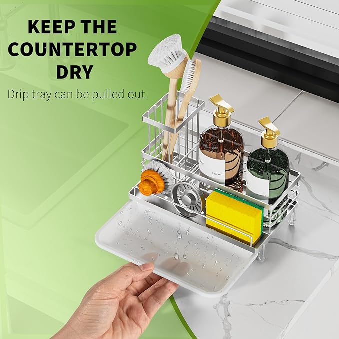 Cisily Stainless Steel Kitchen Sink Caddy Organizer, Sponge Holder for Sink Rustproof, Non-Slip Soap Dish Dispenser Brush Holder Storage, Home & Kitchen Essentials Accessories
