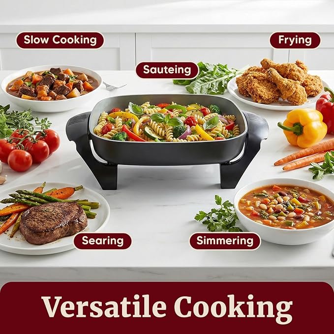 Elite Gourmet 12"x12"x2.15” Ceralast™ PFAS Free Ceramic Electric Skillet, Dishwasher Safe, Rapid Heat Up, 1200W, Dark Grey