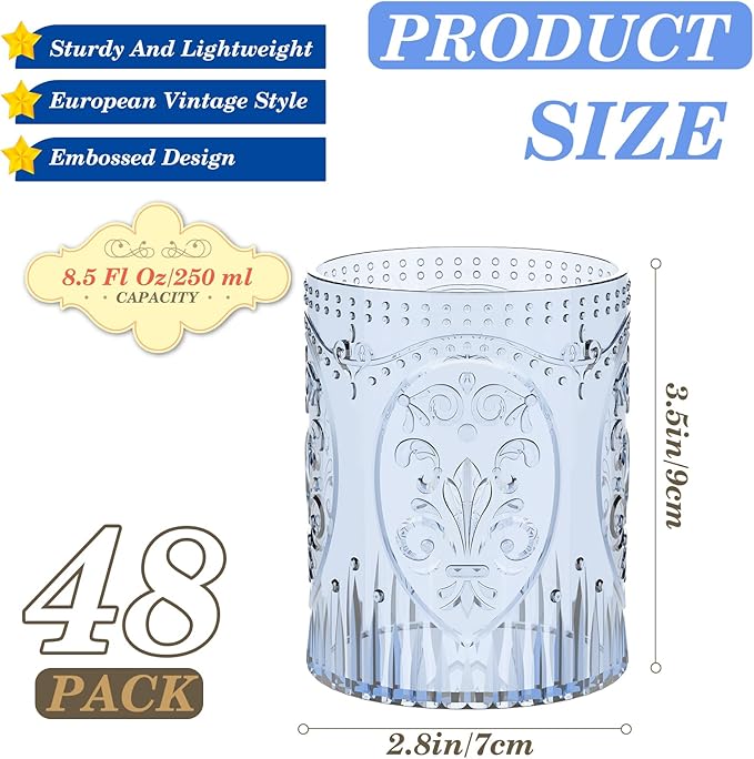 Qinyoung 48 Plastic Vintage Drinking Glasses 8.5oz Stemless Retro Embossed Wine Glasses Shatterproof Reusable Cups for Baby Shower Wedding Reception Grand Event Party (Blue)