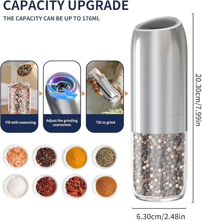 CIRCLE JOY Gravity Electric Salt and Pepper Grinder Set, Battery Powered Automatic Pepper Mills with Adjustable Coarseness, One Hand Operation, 176ml Large Container, Silver - Includes 8 Batteries