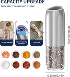 CIRCLE JOY Gravity Electric Salt and Pepper Grinder Set, Battery Powered Automatic Pepper Mills with Adjustable Coarseness, One Hand Operation, 176ml Large Container, Silver - Includes 8 Batteries