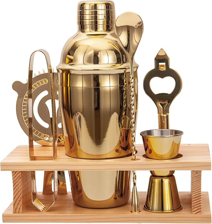 JNWINOG Cocktail Shaker Set Stainless Steel Bartending Kit 18.6oz Cocktail Bar Set Cocktail Mix Drink Making Kit Professional Bar and Home Drink Bar Tools for Bartender (Gold, 7Pcs)