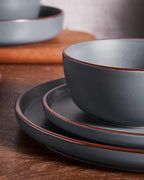 Famiware Mercury Dinnerware Sets with Pasta Bowls, Service for 6 (24 Pieces), Stoneware Plates and Bowls Sets, Microwave and Dishwasher Safe Dishes Set, Charcoal